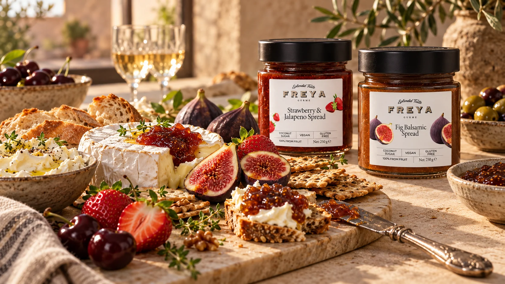 A generous table with Freya spreads, cheese, and seasonal fruit