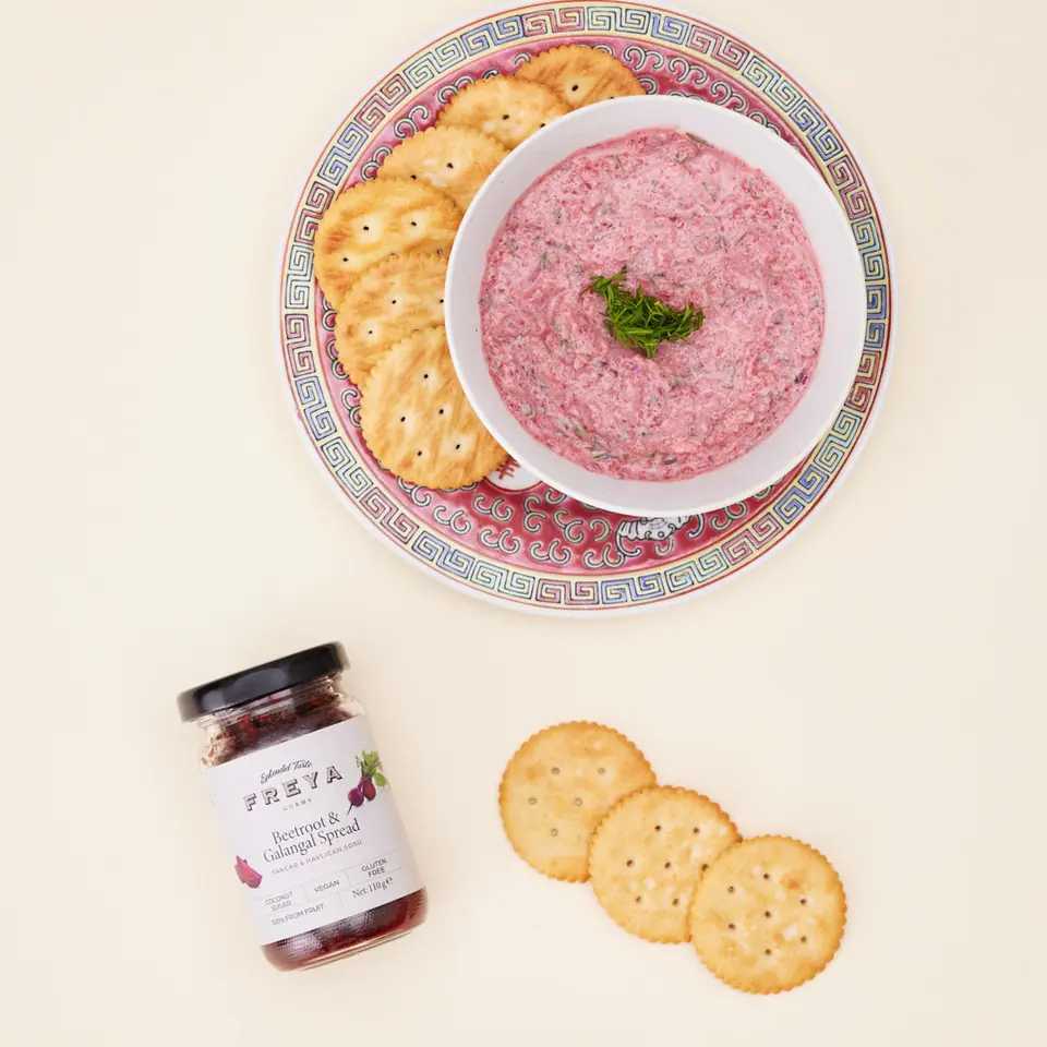 Pink beet and galangal yogurt dip with crackers on a patterned plate